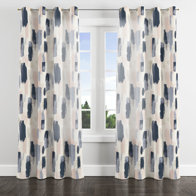 Rideaux abstraits - 1 panneau à œillets Blue Gentle Marks, Gold Grommets, L 52 po x L 84 po