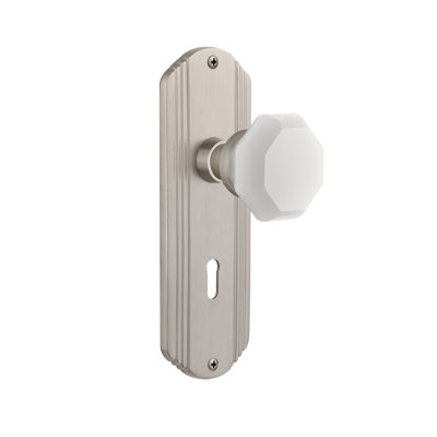 Bouton de porte de mortaise intérieure en verre lait blanc avec plaque longue décorative Waldorf