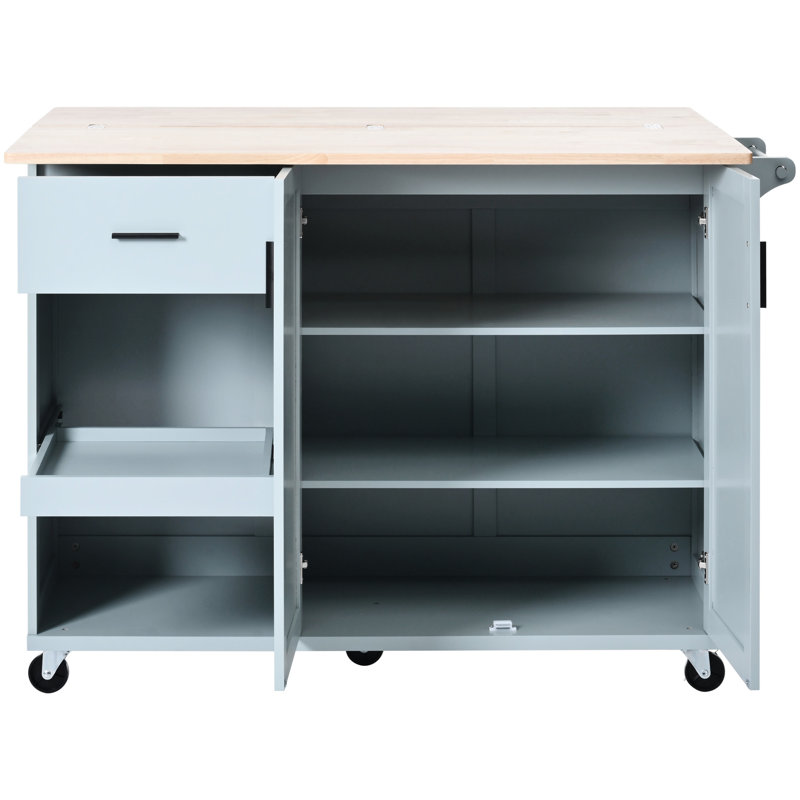 Grey Blue Rolling Kitchen Island With Storage. Soft-Close Hinges. 5*360 Rotation Wheels. Convenient Design Foldable Lockable Wheels And Shelf,