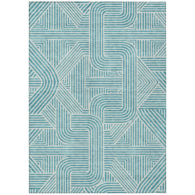 8' X 10' Teal Blue And Ivory Abstract Washable Indoor Outdoor Area Rug