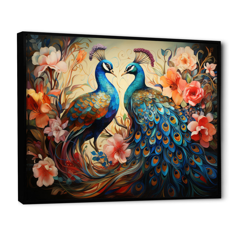 «Blue Coral Indian Art Dancing Peacocks I», art mural indien, Cadre flottant noir, H 24 po x l 32 po x P 1 po