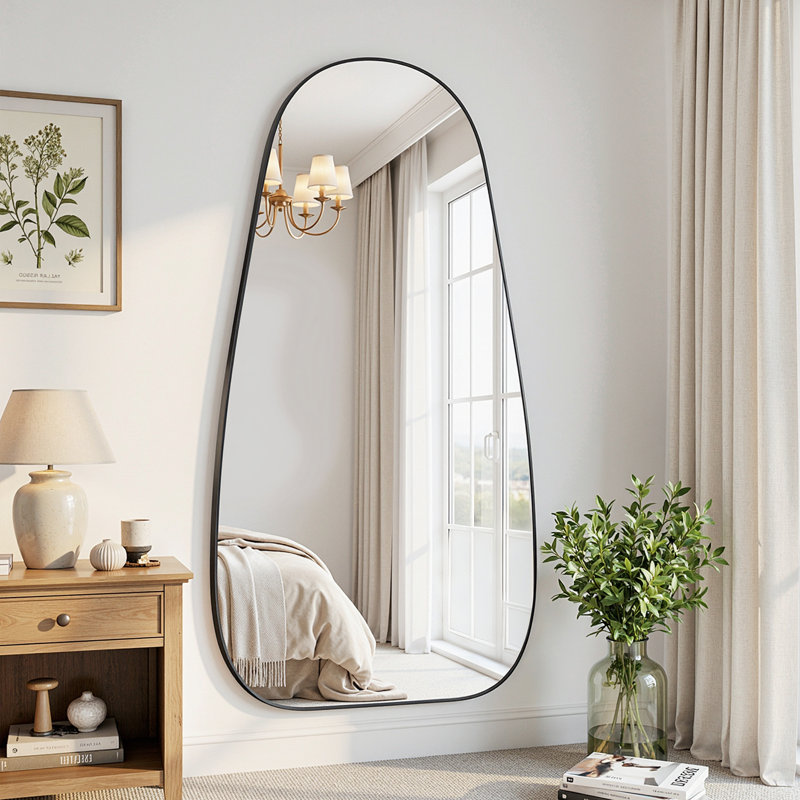 Full Length Mirror, Tear Drop Style Floor Mirror with Stand,Standing Hanging Leaning Irregular Mirrors, Black, 26" x 69"