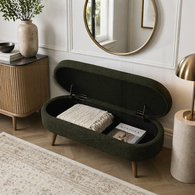 Repose-pieds de rangement ovale en tissu avec pieds en bois d'hévéa, parfait pour la décoration intérieure et une utilisation multifonctionnelle
