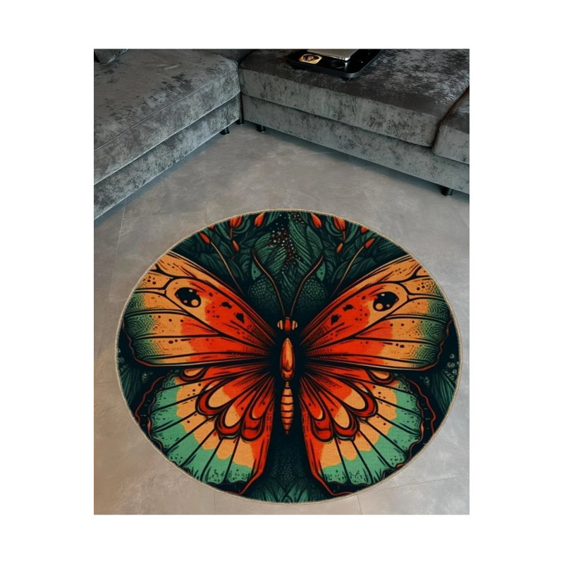 Multicolored Butterfly Patterned Modern Decorative Carpet, Round 2'8"