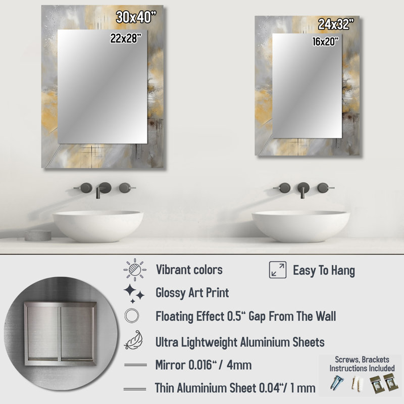 Yellow And Grey Beyond The Canvas I - Abstract Painting Mirror, Yellow Decorative Wall Mirror, Printed Metal Art, 40" x 30"