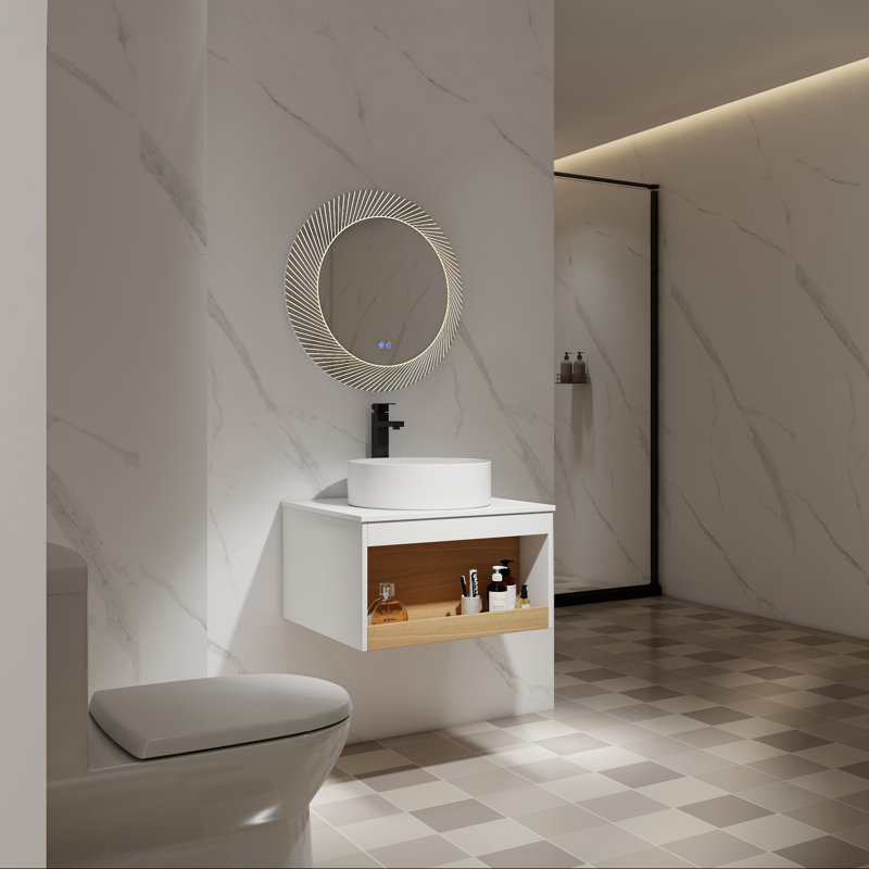 Meuble-lavabo mural 24 po, lavabo vasque rond, tablette ouverte, Blanc
