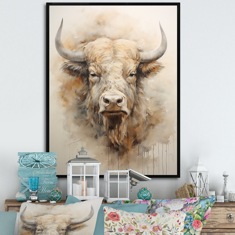 Tête de bison Buffalo sur toile, H 32 po x l 16 po, Cadre flottant noir