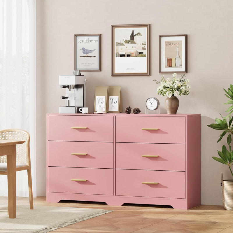 Commode moderne en bois avec 6 tiroirs, commode de chambre à coucher et meuble télé, grande armoire de rangement avec poignées en métal