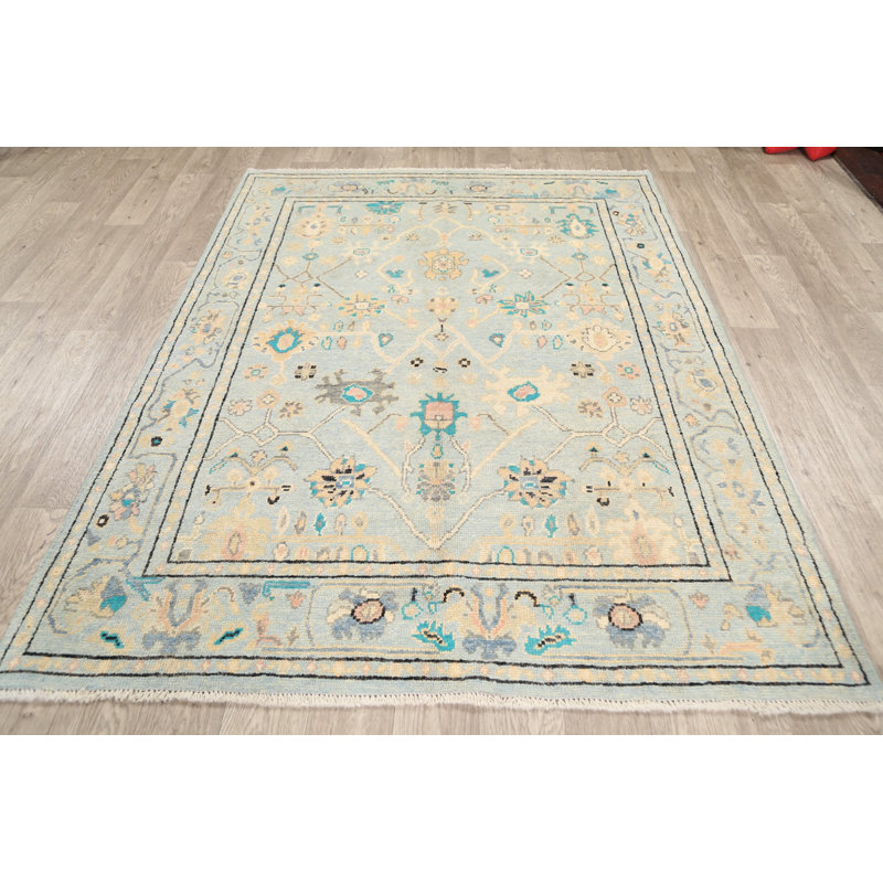 Tapis unique en laine noué à la main Oushak nouvel âge de 5 pi 1 po x 6 pi 6 po bleu