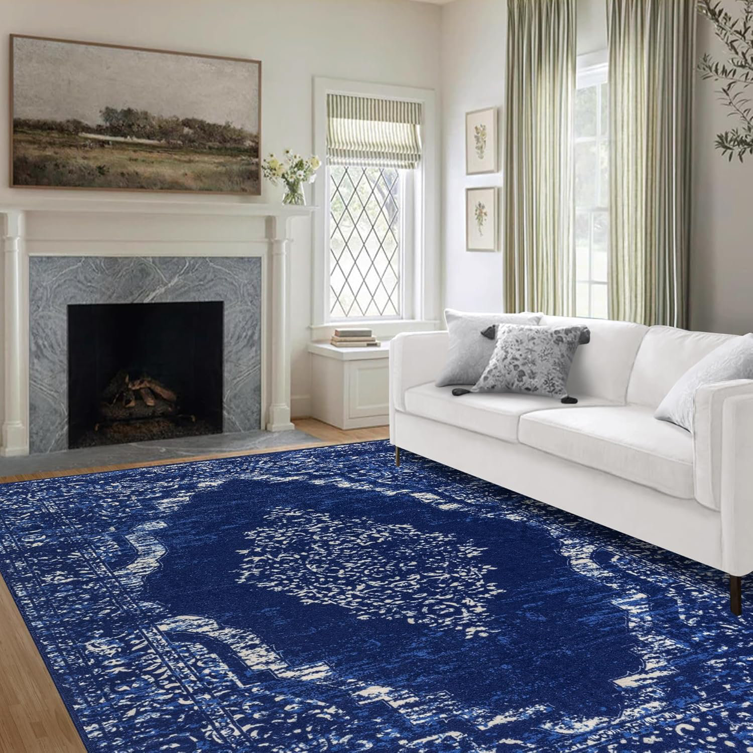 Bungalow Rose Washable Rugs 5X7, Vintage Navy Blue Rug Soft Oriental ...