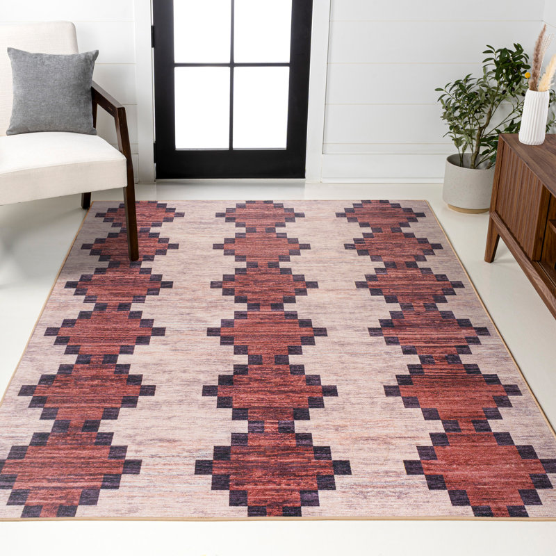 Zed Modern Trellis Kilim Machine-Washable Red/Ivory Rug, Rectangle 8'10" x 12'