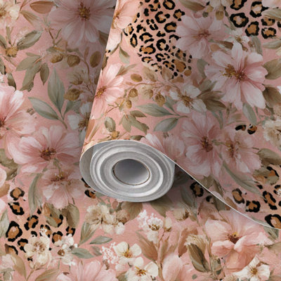 Papier peint adhésif peler et coller en PVC, revêtement mural auto-adhésif amovible avec toile de léopard bohème, impression de décoration botanique rose doux, imperméable pour la décoration intérieure - rouleau