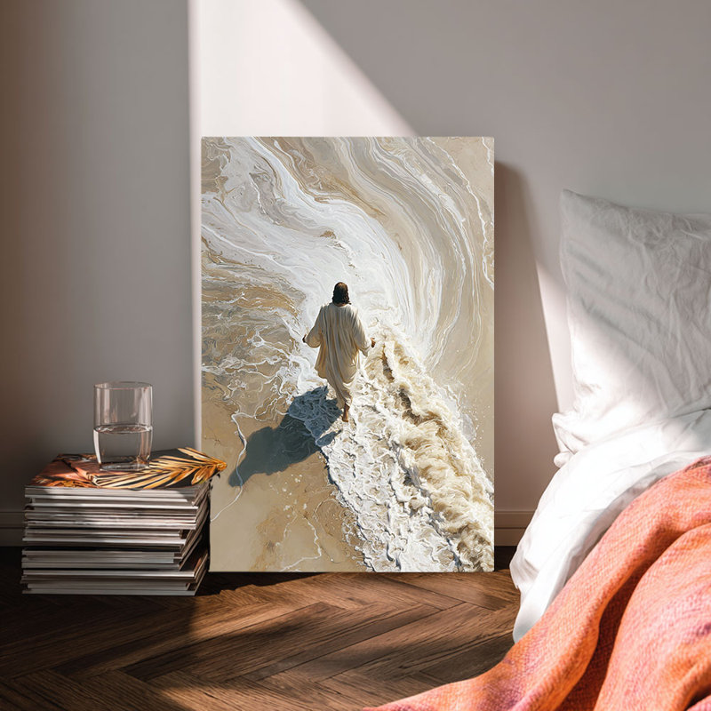 Art abstrait sur toile, "Jésus marchant sur les vagues" prêt à être accroché - Studio spirituel, H 24 po x l 16 po