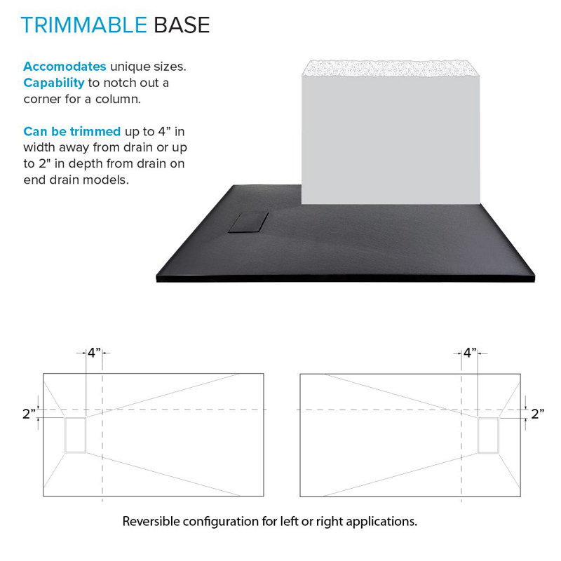 Transolid Trimslate 63-in x 36-in Tub Replacement Shower Base with Adjustable Double Threshold and End Drain, Black