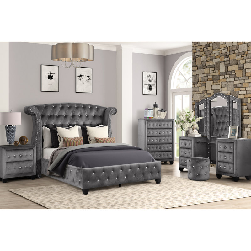 Élégante table de chevet en velours gris 2