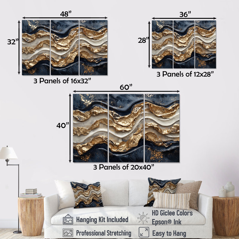 Éclipse dorée sur des vagues dansantes de marbre IV - réalisme abstrait, art mural - ensemble de 3, H 28 po x l 36 po