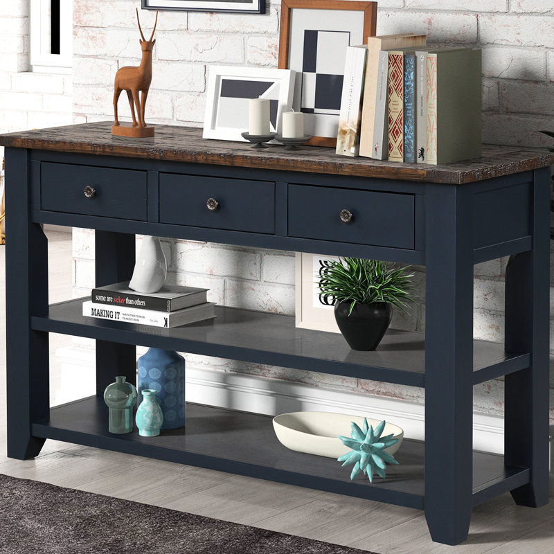 Console bleue 48 po, bois de pin massif, 3 tiroirs et 2 tablettes, fonctionnelle pour le bureau personnel, bois de chambre à coucher - bleu, tiroirs de rangement, couloir