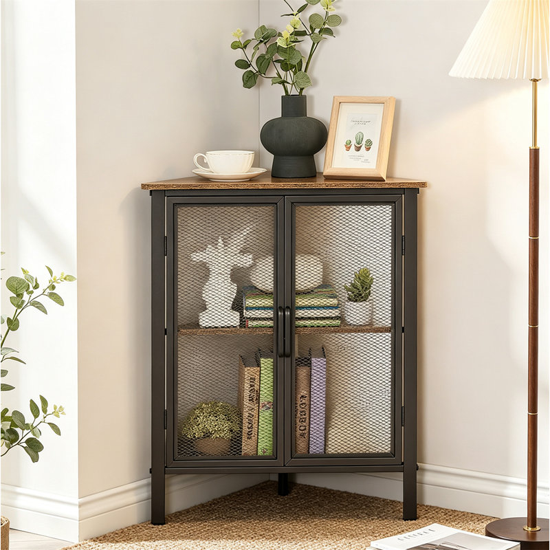 3-Tier Corner Desk with Mesh Door Cabinet, Corner Shelf, Metal Frame Storage Rack – Ideal for Corners, Living Room, Bedroom, Kitchen, Bathroom