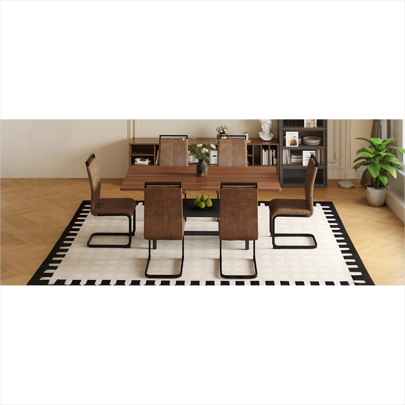 Ensemble de table de salle à manger en MDF noyer brun pour 6 personnes avec chaises en tissu et pieds en métal, style minimaliste moderne