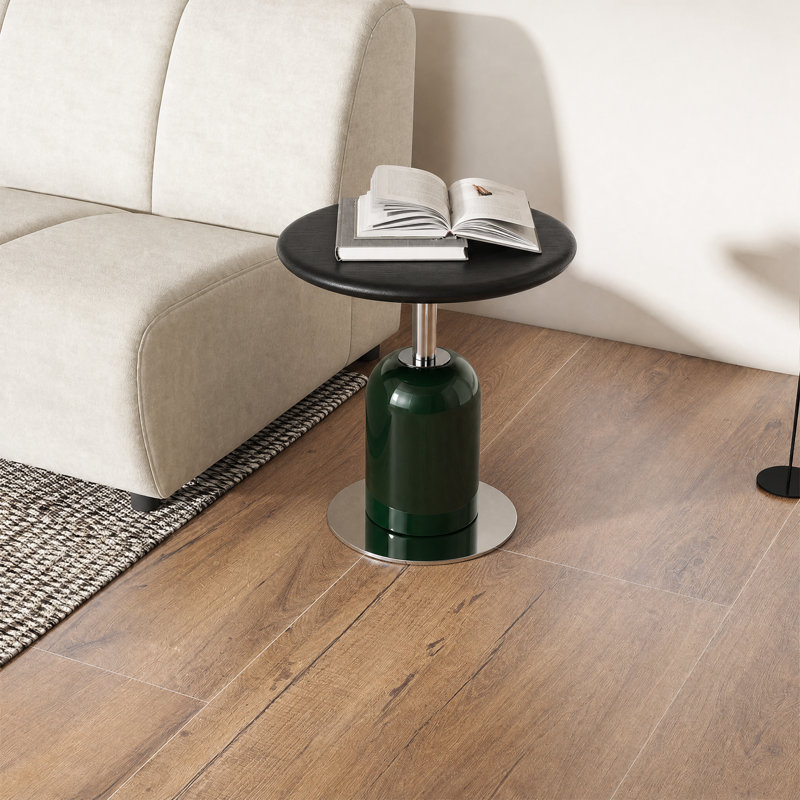 Modern Black Wood-Grain Side Table with Chrome Accents - Round End Table for Living Room, Stylish Bottle-Shaped Base
