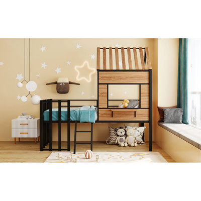 Lit mezzanine simple en métal noir. Stable et cadre. En forme de maison avec toit et fenêtre séduisants. Barrières de sécurité pour un repos paisible. Améliore le niveau de confort de la chambre à coucher. L 78,1 po x l 41 po x H 76,5 po. Assemblage requis