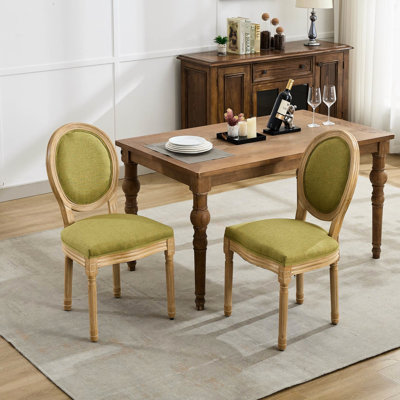 Chaises de salle à manger de style français à motif antique en lin et toile de lin de style français avec 2 pieds, structure et pieds en bois d'hévéa massif, rembourrage en mousse de 37,4 po de hauteur