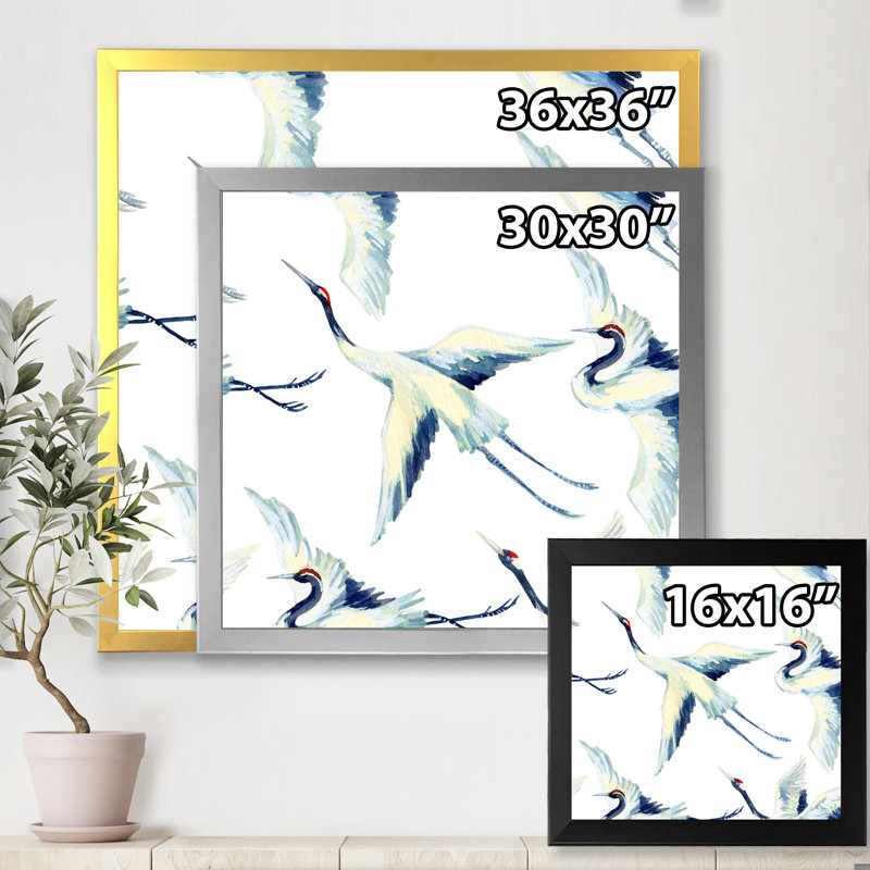" Asian Crane Bird " Painting Print, Silver Framed Canvas, 30" H x 30" W x 1.5" D