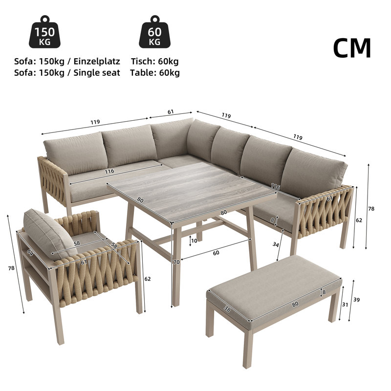 Outdoor Sectional Patio Set With Cushions, Beige Cushion/Brown Frame