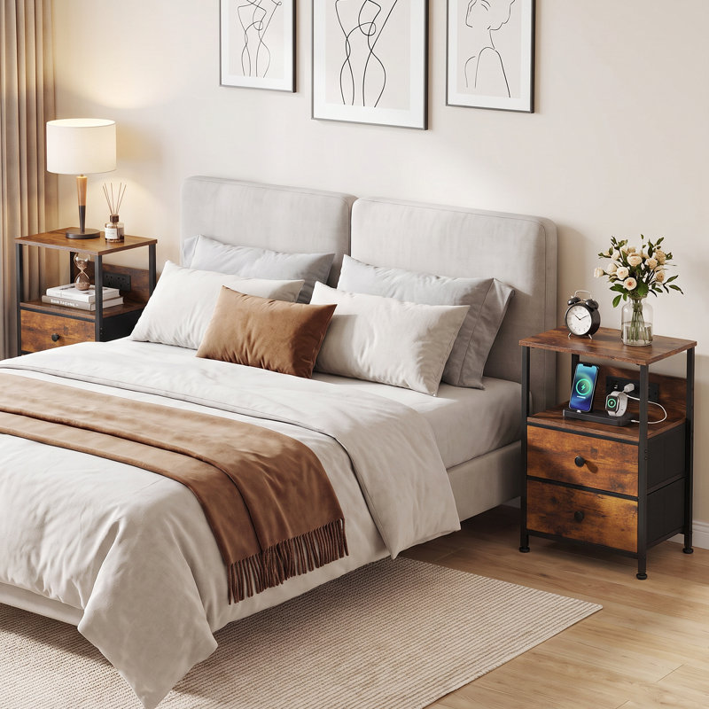 39 cm W Steel Bedside Table, Rustic Brown