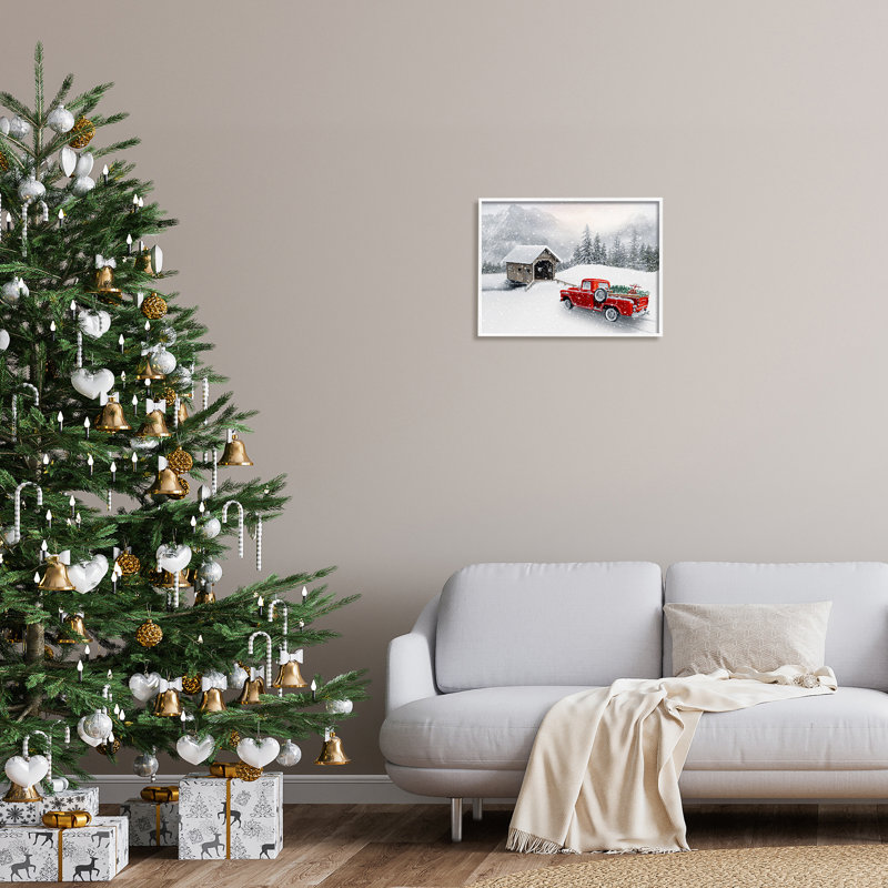 Paysage de montagne relaxant enneigé, camion rouge, art numérique de la giclée noire encadrée par Michael Shelton