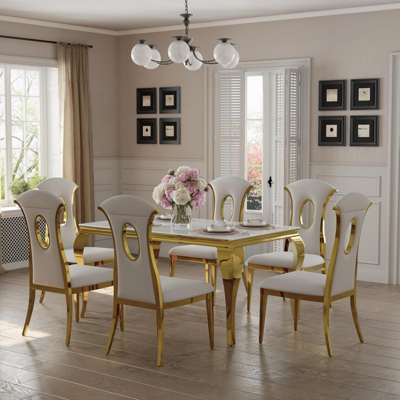 Chaises de salle à manger, ensemble de 4 chaises de salle à manger blanches et dorées avec pieds dorés, chaises de cuisine et de salle à manger à haut dossier