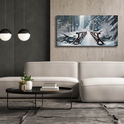 «Epic Graffiti« Wooden Bridge In Snow Over River, Winter »par Rey Klimt, art mural sur toile