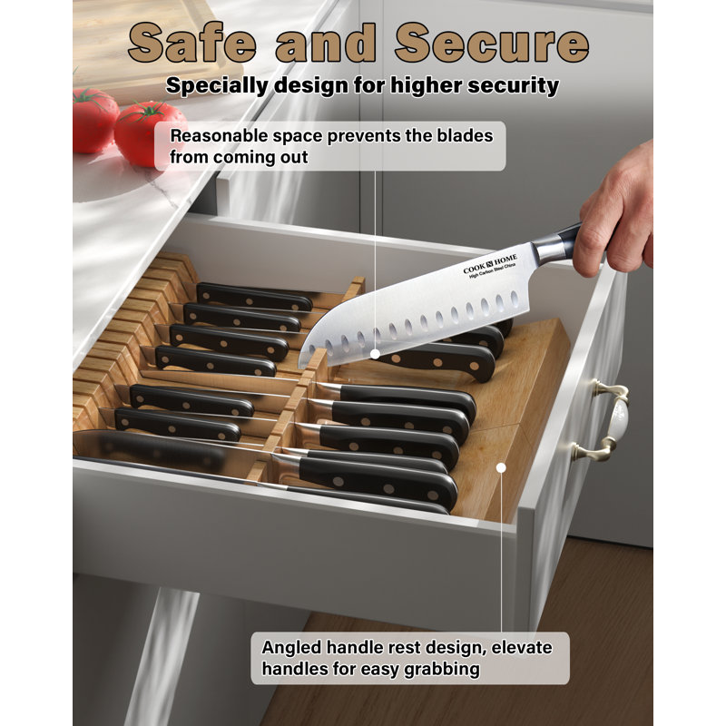 Porte-couteaux en bois durable Cook N Home Basics, porte-couteaux en bois d'hévéa naturel, surface polie, convient aux tiroirs, 2 pièces, 9 fentes