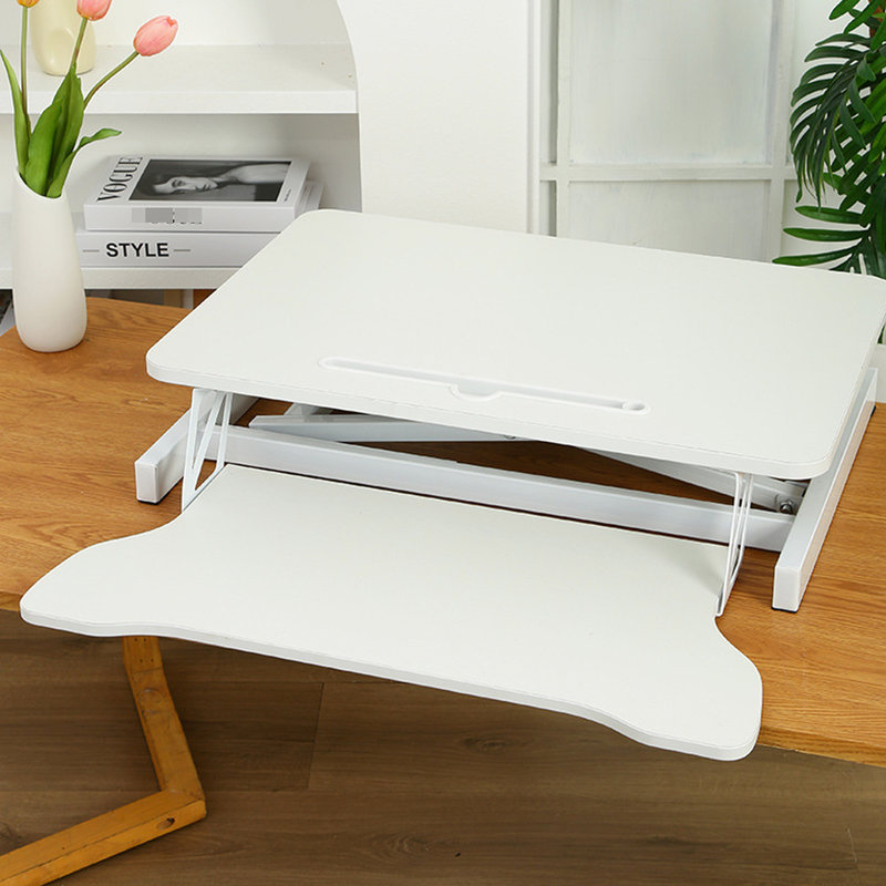 32 Inch White Sit To Stand Desk Converter, Suited For Dual Monitor And Laptop Combos, With Wide Keyboard Mount Bracket