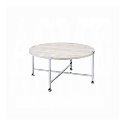 Contemporary Round Coffee Table with White Oak Finish Top and Chrome Base