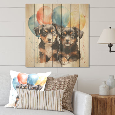 Puppies Parade Balloon Adventure II - Animal Nursery's On Wood Print
