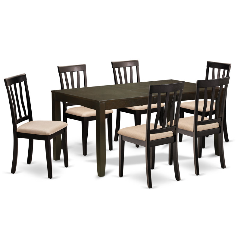 7 Piece Dining Table Set Consist of a Rectangle Dinner Table with Butterfly Leaf and 6 Linen Fabric Dining Room Chairs, Cappuccino