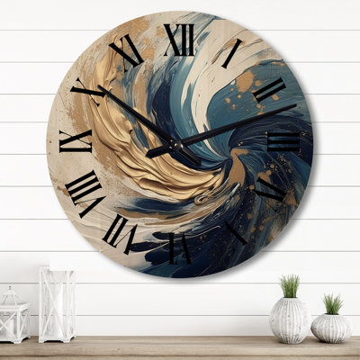 Dark Blue and Gold Spiral IV - Abstract Spirals Oversized Wood Wall Clock