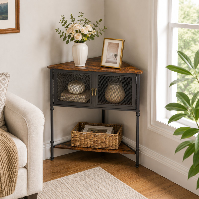Geir Corner Accent Cabinet, Industrial Corner Cabinet with Storage Shelf & Mesh Doors, Farmhouse Corner Accent Table with Metal Frame, Small Space Corner Organizer for Living Room, Entryway, Bedroom
