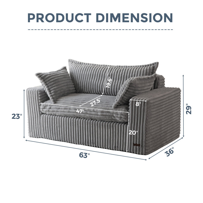 Canapé à compression 63 po avec accoudoirs larges et accoudoirs, Gris