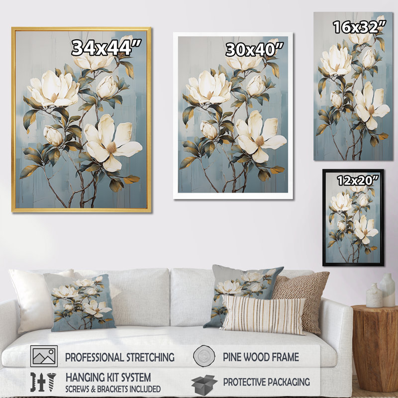 «Magnolias II» bleu et doré sur toile, Cadre flottant doré, 32" H x 16" W