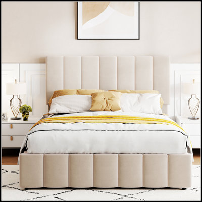 Lit plateforme tapissier avec système de rangement hydraulique, beige, alliant confort et organisation pour les chambres modernes