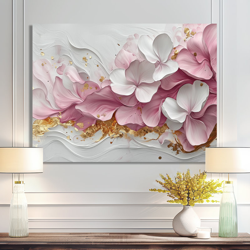 Or rose élégant veines de pétales de fleurs - art abstrait fleurs murales, Toile tendue, Ne s’applique pas, H 24 po x l 32 po