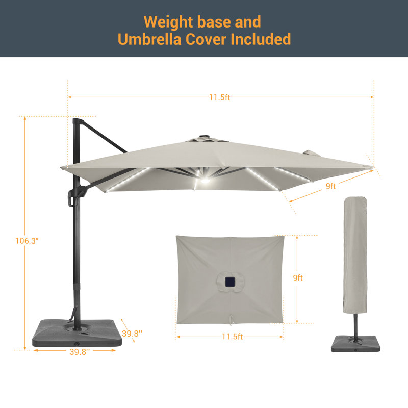Parasol rectangulaire en porte-à-faux avec éclairage 138,2 po x 108,4 po Lemanski, Gris