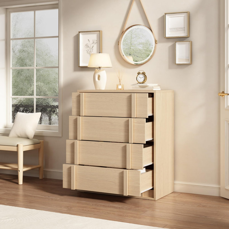 Table de chevet 4 tiroirs pour chambre à coucher, table de chevet moderne beige avec poignée verticale, armoire de rangement en bois pour le salon, le vestibule, le dortoir