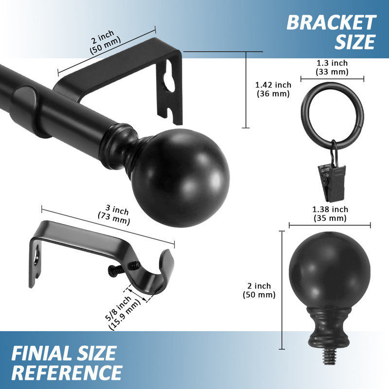 Tringle à rideaux simple ajustable Plante Ball, Noir, H 0,625 po x l 48 po x P 0,625 po