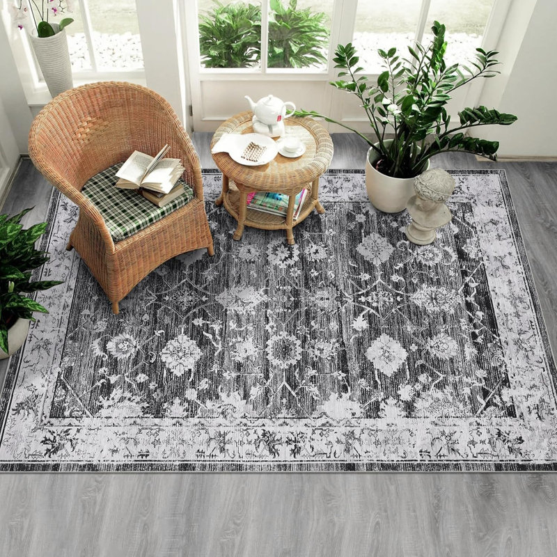 Vintage Floral Area Rug, Washable Distressed Foldable Low Pile Soft Non-Slip Rug, Non-Shedding Stain Resistant Floor Cover for Living Room, Bedroom,Playroom