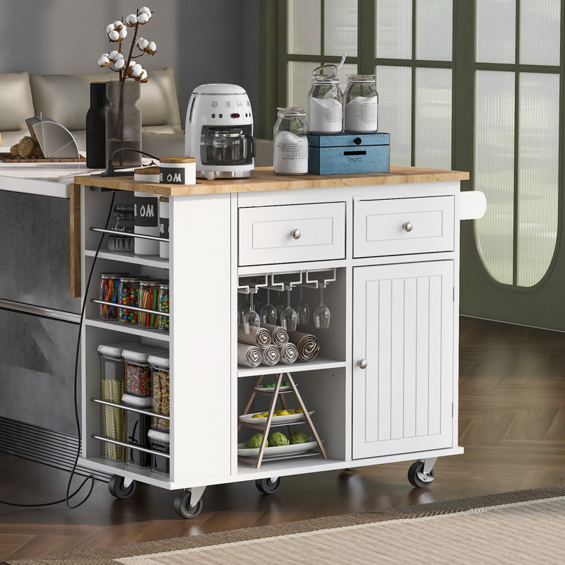 Kitchen Storage Island with Drop Leaf and Rubber Wood, White