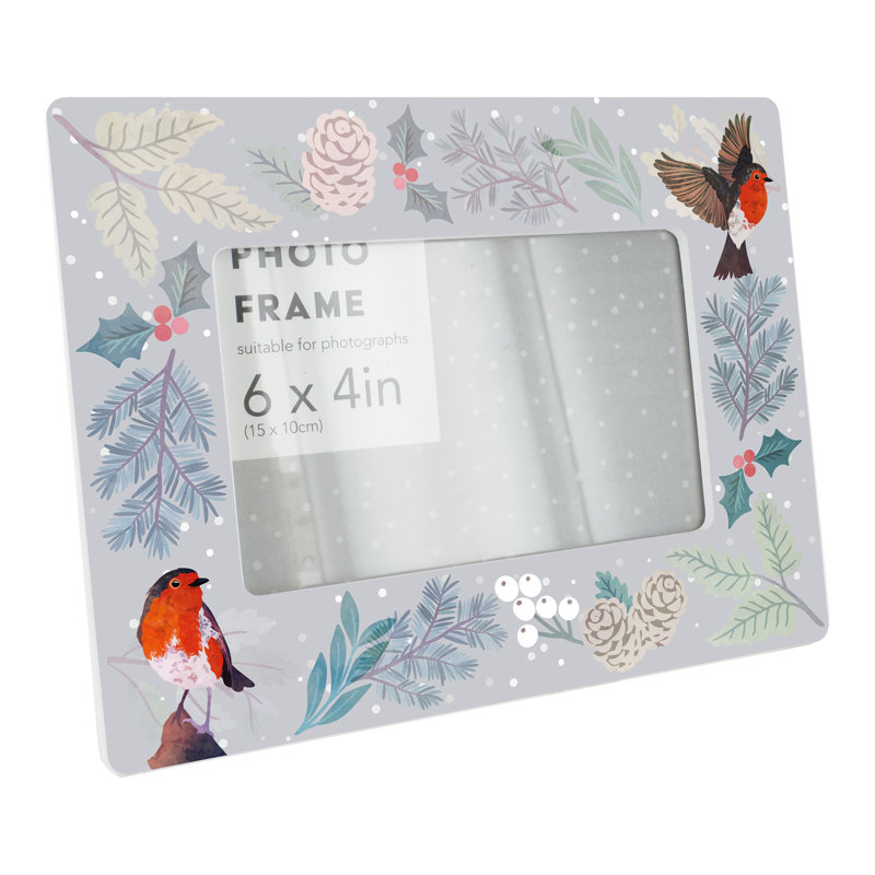 Festive Robin Scene Christmas Holly Ceramic Single Picture Frame in White