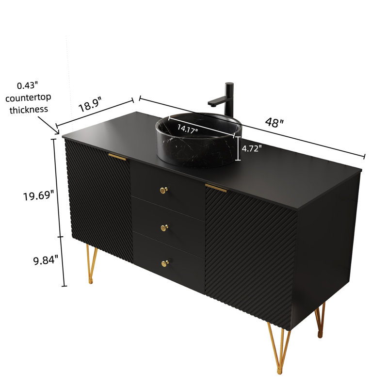 Meuble-lavabo autoportant de 48 po, vasque en céramique blanche à motif de pierre rectangulaire, pieds dorés, 3 tiroirs, 2 portes, surface frittée noire, métal pré-assemblé et à installation simple